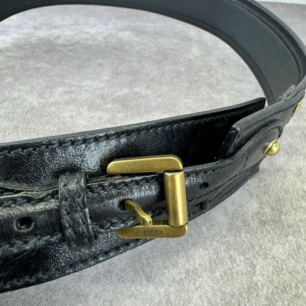 Vintage Gucci Grommet Black Leather Wide Belt 144195 85/34”